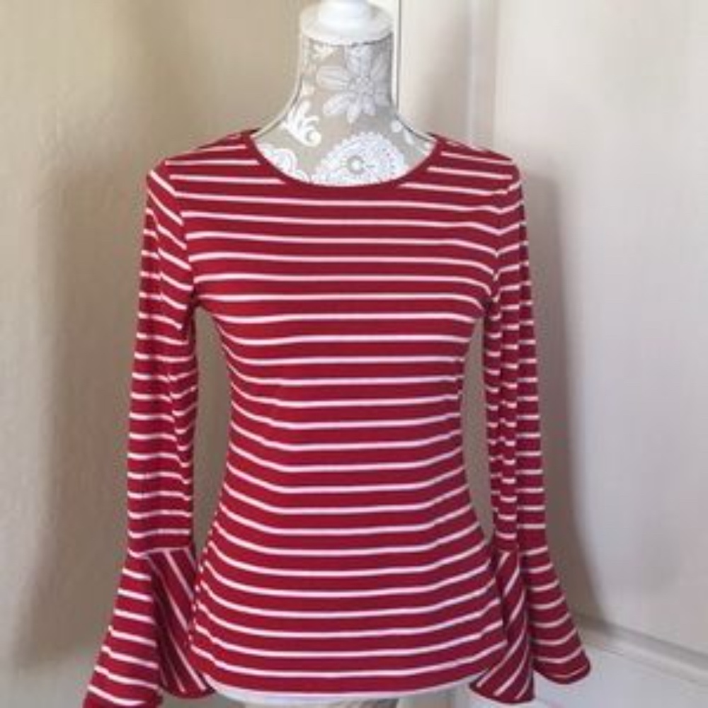 New Sizes Long Ruffled Sleeve Striped Blouse - Picture 7 of 8